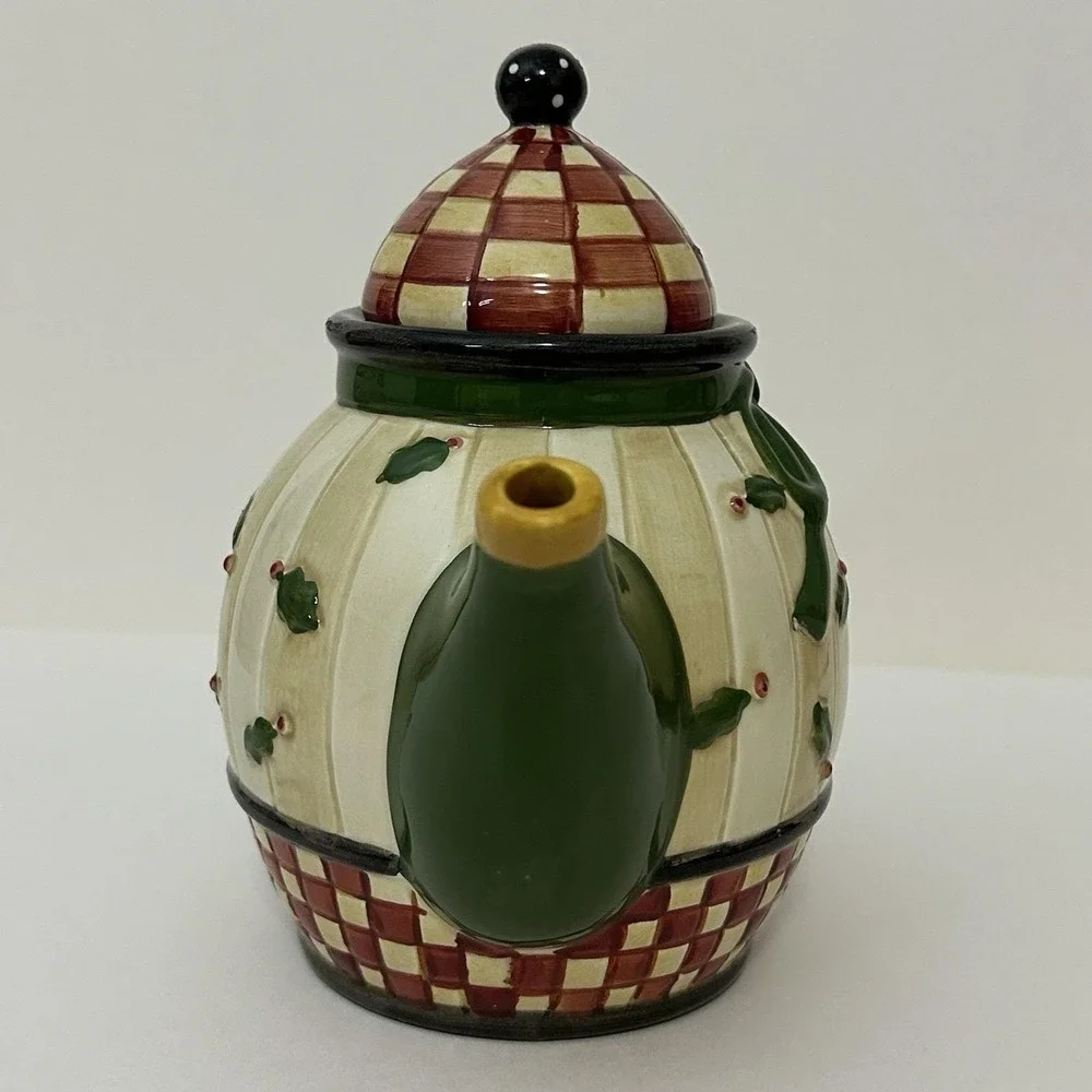 Debbie‎ Mumm Sakura Mini Teapot Christmas Holly Checkerboard Hand Painted